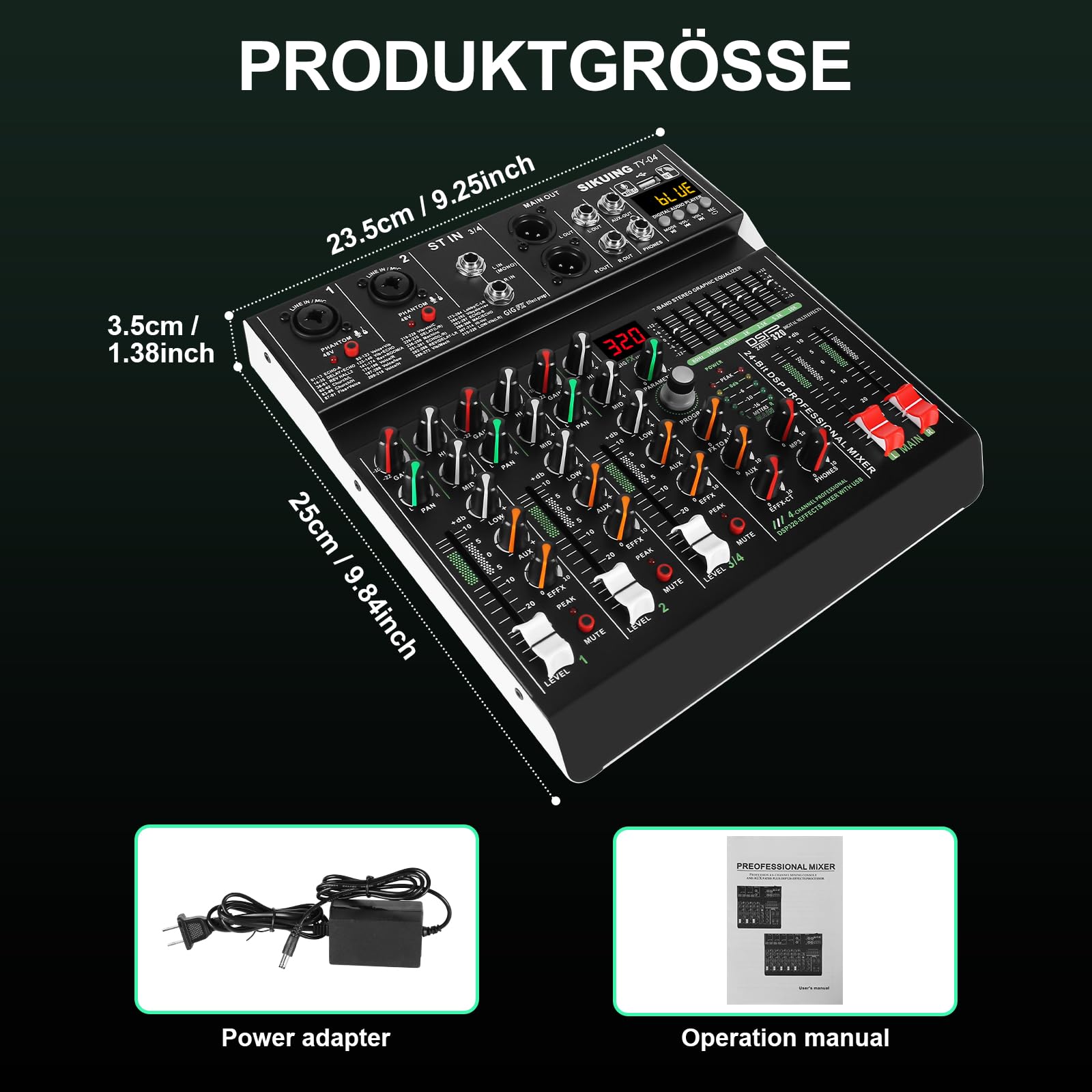 Mixer portatile a 4 canali, mixer audio professionale, 320 effetti DSP + equalizzatore a 7 bande, scheda audio Bluetooth + interfaccia USB, ideale per registrazioni PC, effetti karaoke studio e