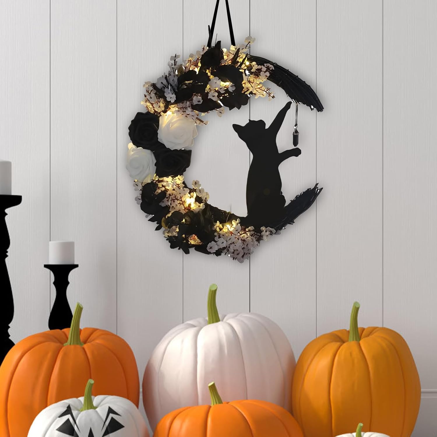 玄関の猫のリース - ライトアップ 月 花 猫 壁 ドア ハロウィン リース | ギャザリングオーナメント 屋内 屋外 季節の装飾