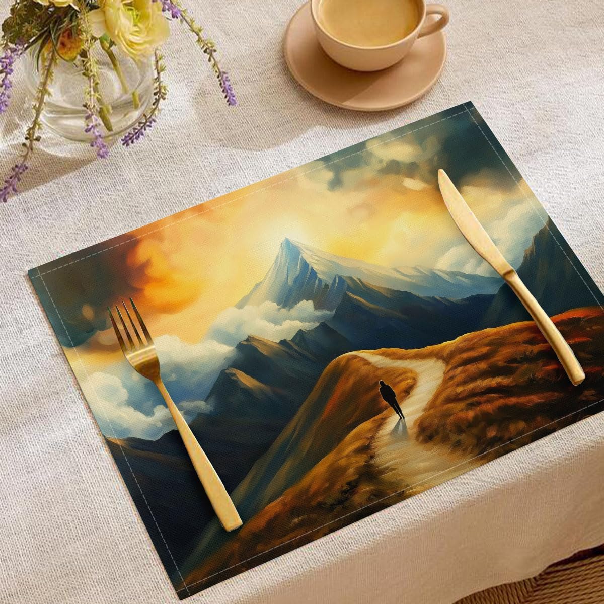 Tovagliette Lavabili, Il Picco Set di 8 Tovaglietta, Strada Tortuosa Tovaglietta in Cotone e lino Bifacciale Antiscivolo Resistenti al Calore Tovagliette 45 x 30 cm