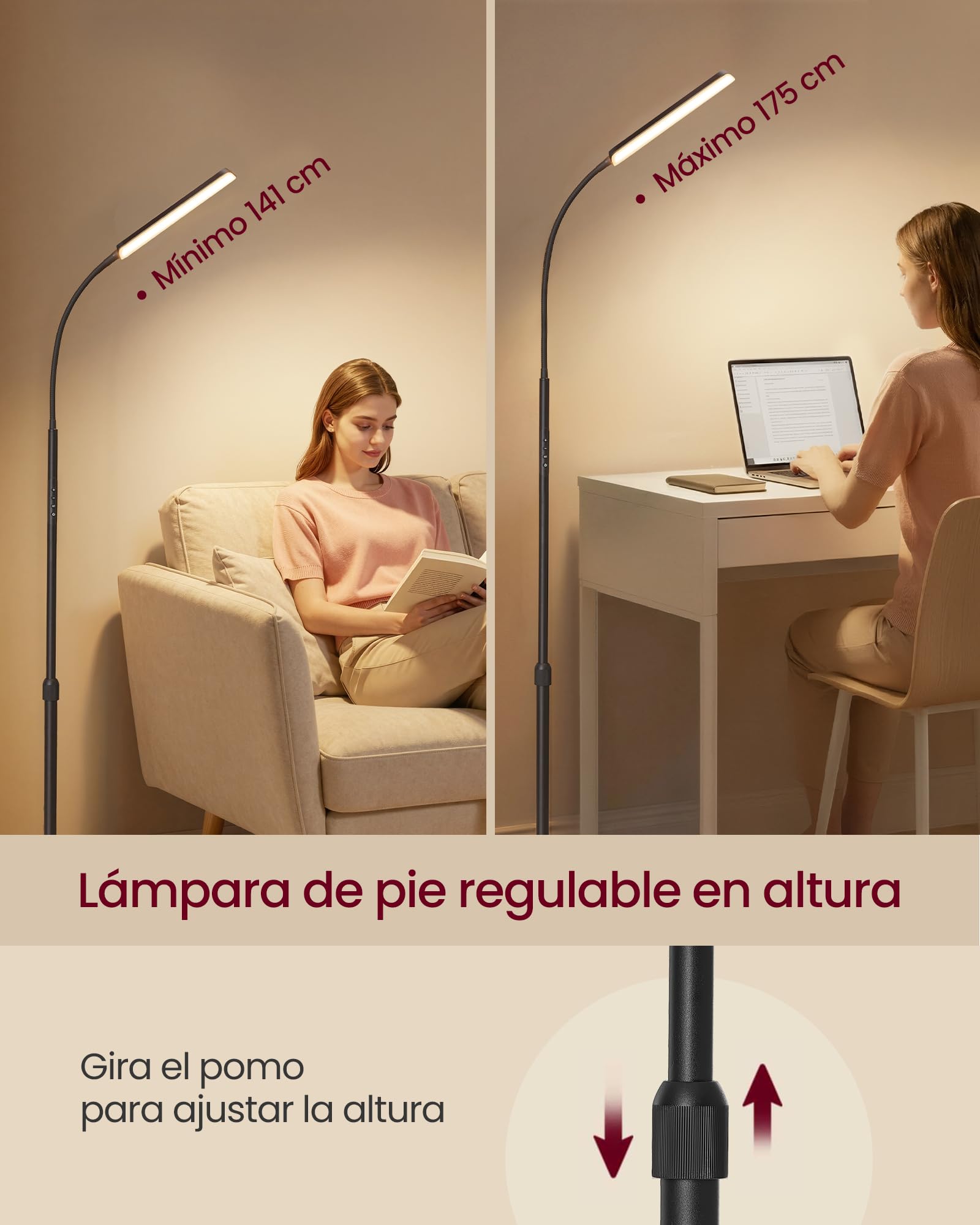 VASAGLE Lámpara de Pie, Altura Ajustable 141-175 cm, Lámpara Moderna de 15 W con Cabezal Flexible de 360°, Temporizador y Función de Memoria, Botón y Mando a Distancia, Salón, Negro Mate LFL007BD02