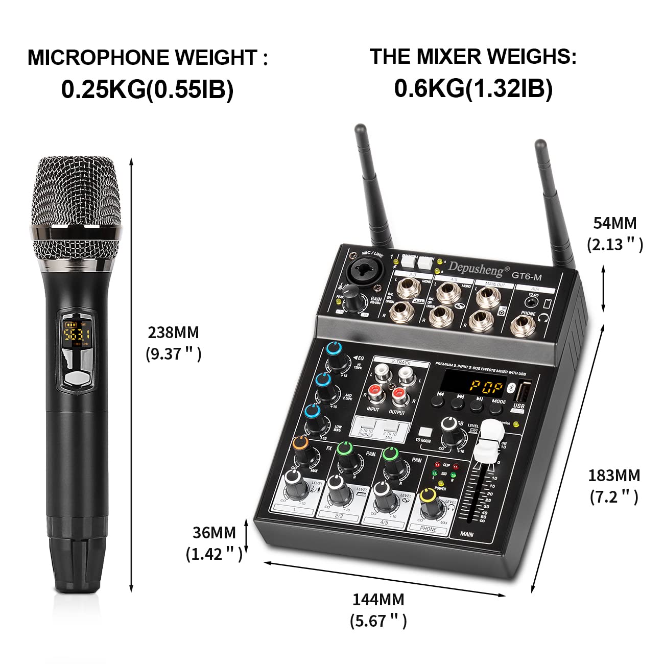 Depusheng Mixer audio professionale, mixer audio a 6 canali con doppio microfono wireless, console per scheda audio MP3 Bluetooth 48 V alimentazione phantom interfaccia USB mixer DJ