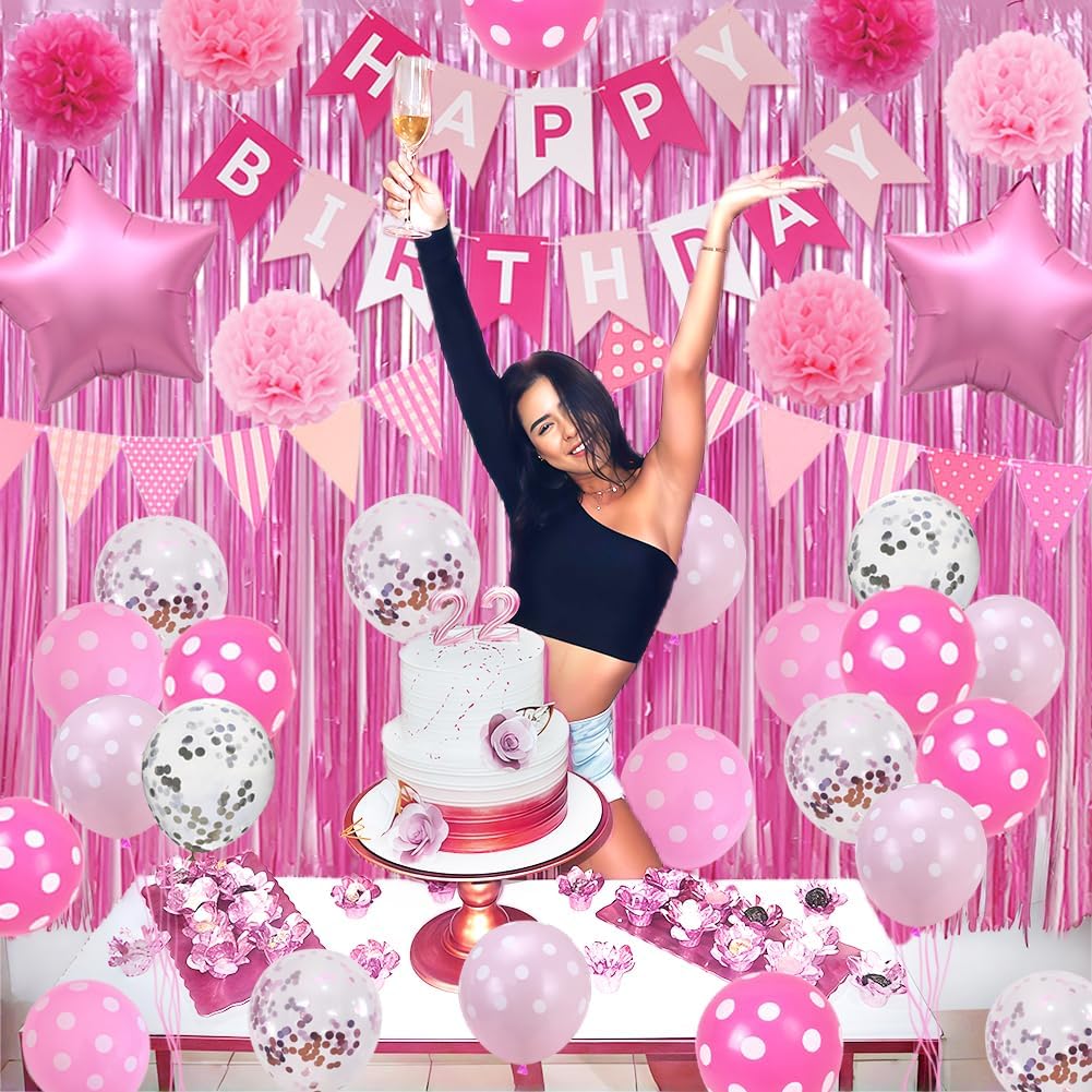 Pink Birthday Party Decorations, Light Pink and White Decor with Happy Birthday Banner, Tissue Pom Pom Flowers, Hot Pink and White Balloons, Pink Foil Curtain, Bday Party Supplies for Women image 2