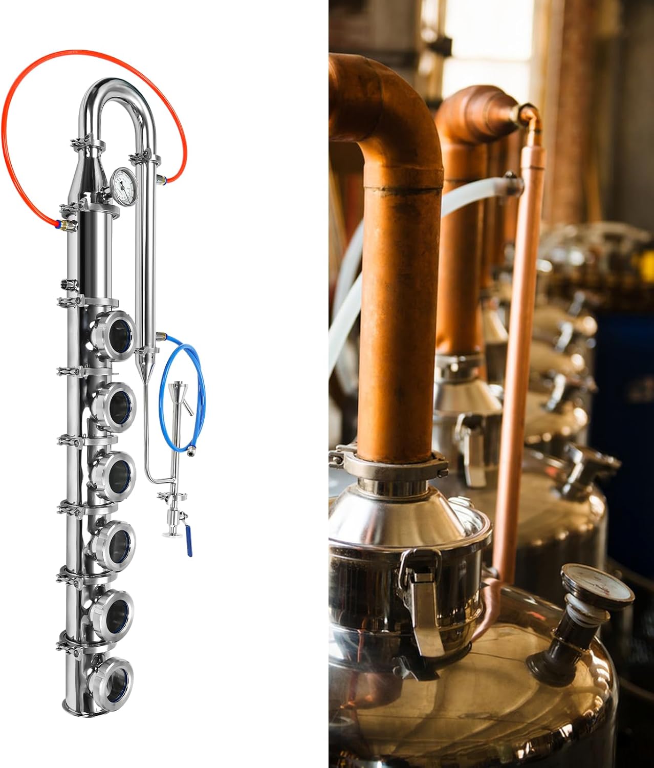 LOYALHEARTDY Stainless moonshine still, 4 Inch 6-story Distillation Column Section for 304 Stainless Steel Flute Reflux Column Still, Silver