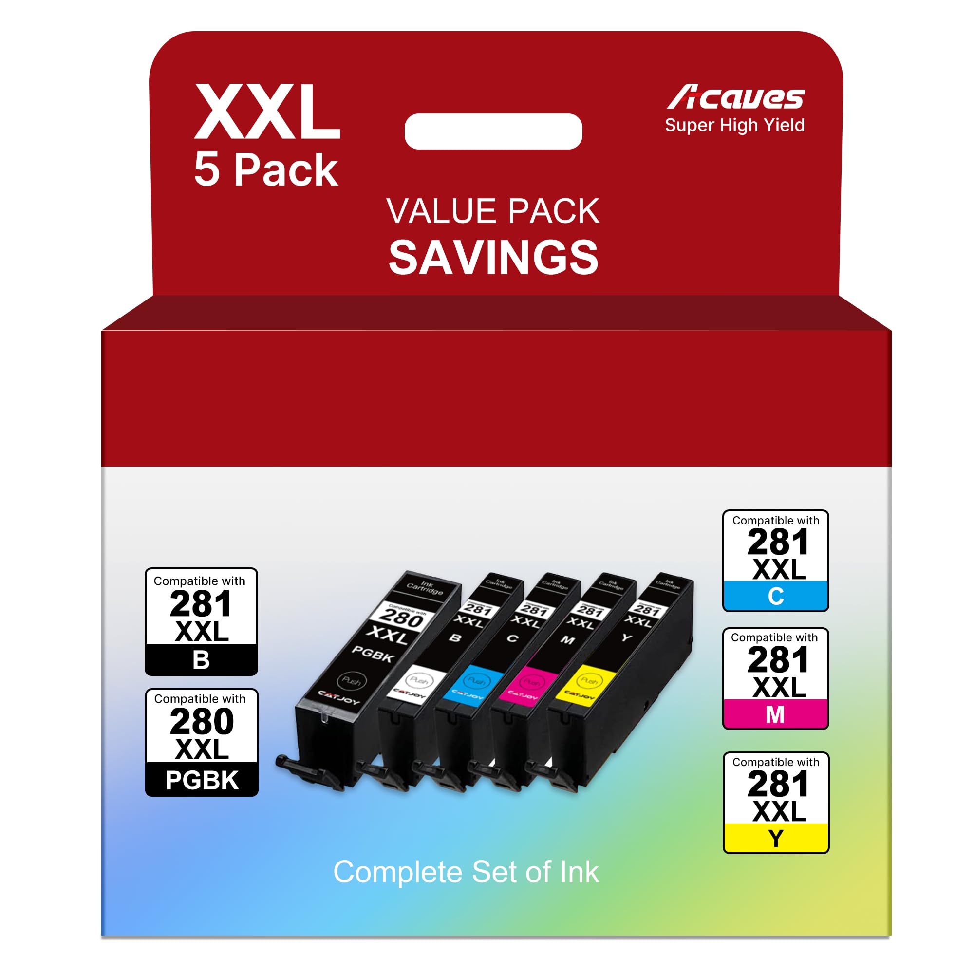280XXL 281XXL Ink Cartridges 5 Pack High Page Yield Compatible for Canon 281 Ink Cartridges 280 Work with Canon TR8620A TR8600 TR8520 TS702A TS7720 TS9520 TS9521C Printers