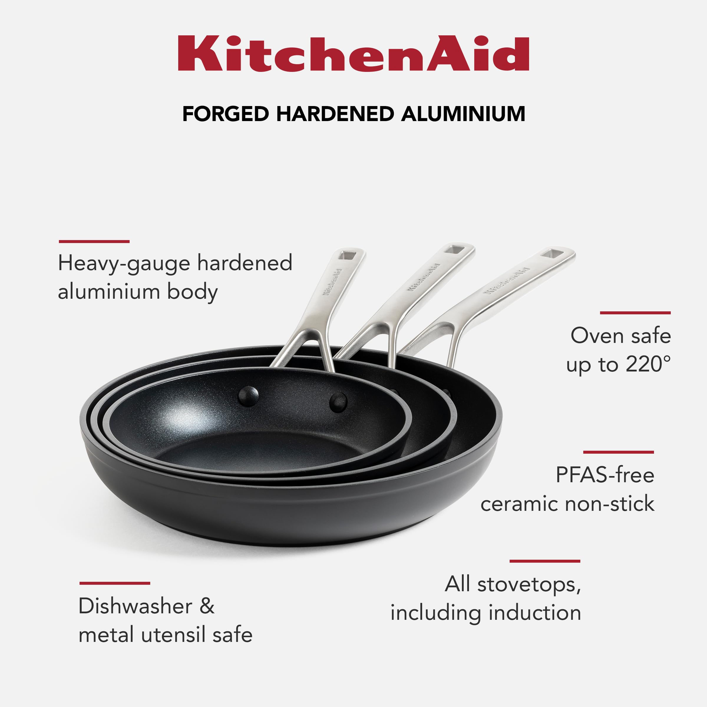 Kitchenaid Bratpfannen-Set - Classic Forged Aluminium - Induktionsgeeignet, PFAS-freie keramische Antihaftbeschichtung - 20/24/28 cm - Ofen und spülmaschinenfest - Schwarz