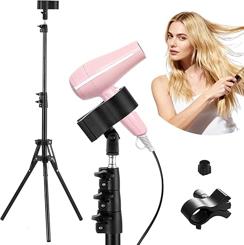 ERYTLLY Soporte para secador de pelo con trípode, manos libres, rotación de 360 grados, clip universal, altura ajustable de 30 a 62 pulgadas,