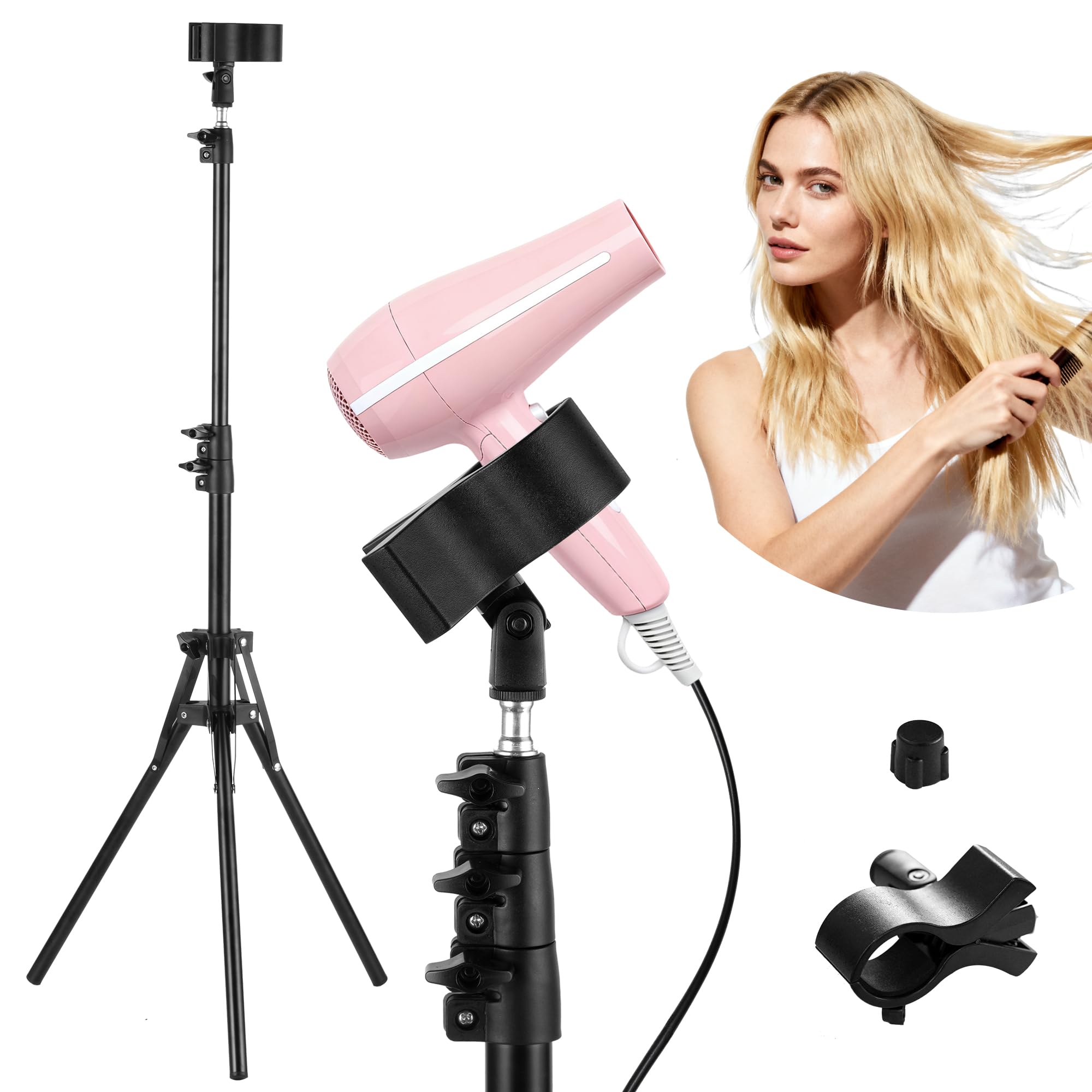 ERYTLLY Hair Dryer Stand Hair Dryer Holder with Tripod Hands Free 360-Degree Rotating Universal Clip Adjustable Height from