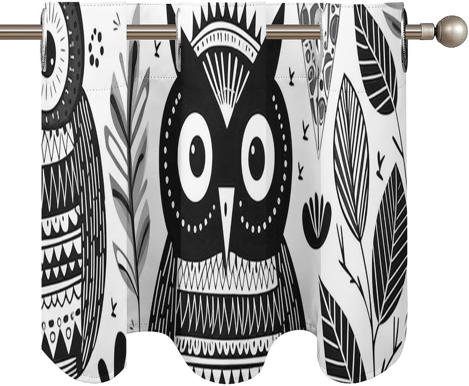 Black and White Owl Valance for Windows, 2 Pack Kitchen Curtains Modern Home Decor, Soft Blackout Window Curtains for Living Room & Bedroom, 18 X 52 Inch