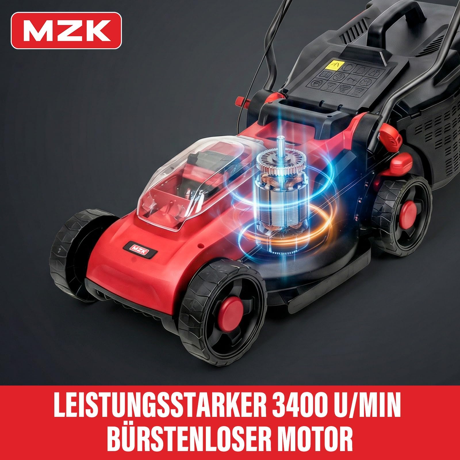 MZK 20V Akku-Rasenmäher 34 cm, bürstenlos, 2X 4Ah Akku | Leiser Schiebemäher mit 31L Fangkorb und 4 Schnitthöhen; ideal für kleine bis mittlere Rasenflächen.