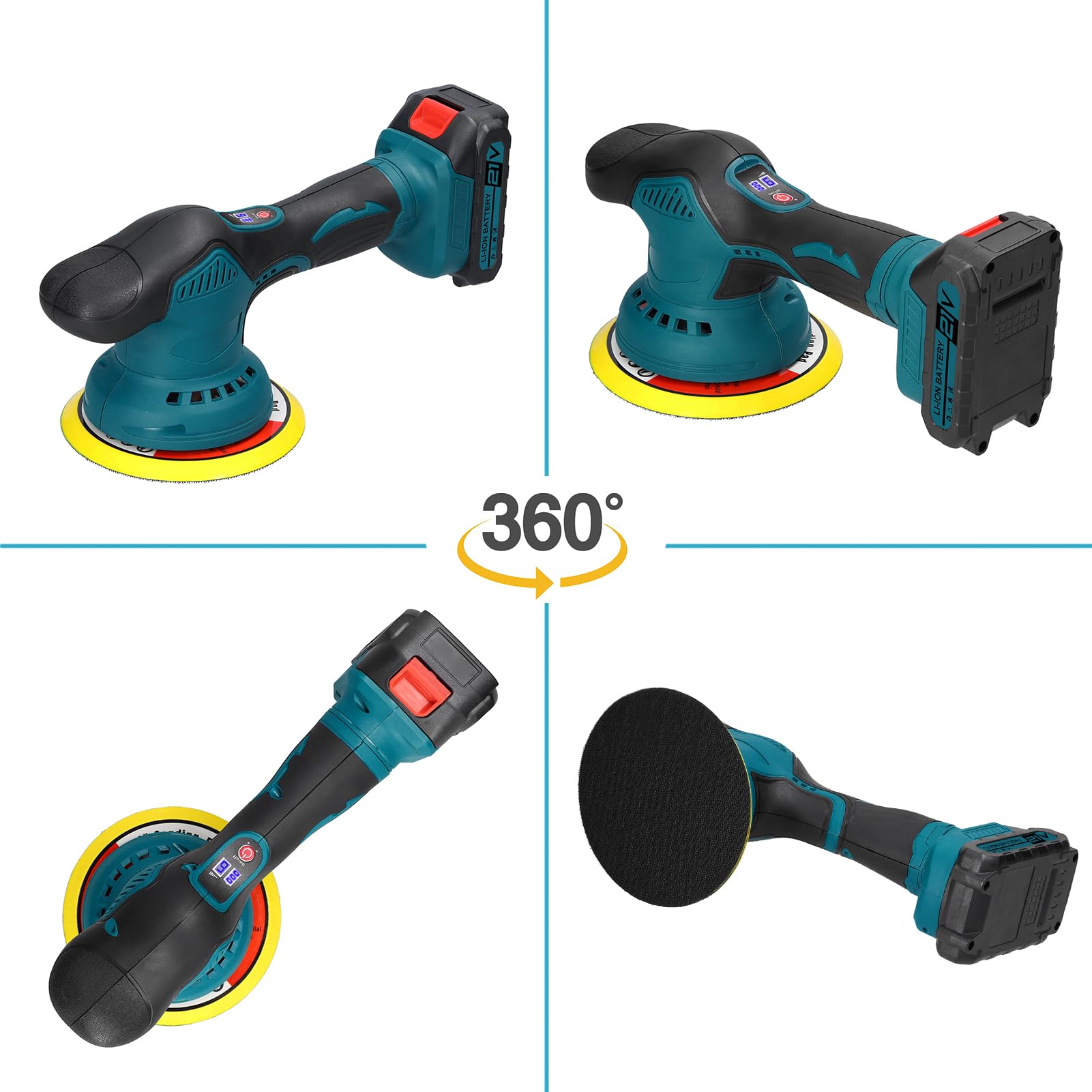 Pulidora De Coche Inalámbrica 21V | Pantalla Digital, 6 Velocidades (2800-5500 RPM), Ligera (1.13kg), Multiusos Para Pulir Y Encerar