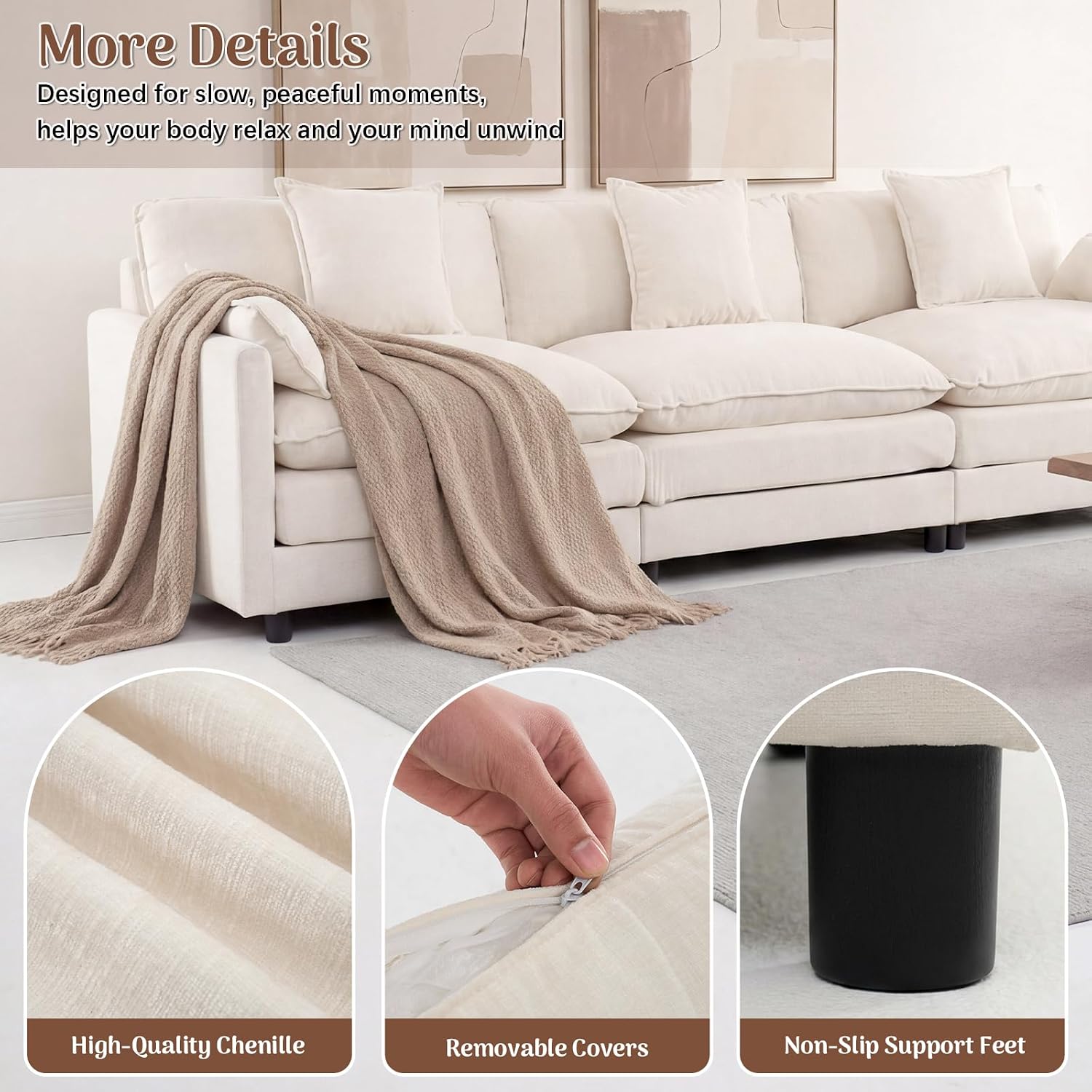 Redlife 108" L-Shaped 3-Seat Modular Sectional Sofa with Ottoman, Chenille Upholstered Couch with Spring-Embedded 30D Foam Cushions, Removable Covers, Easy Assembly Corner Sofa for Living Room, Beige