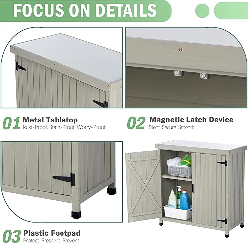 Miniatura 6 de Banco para macetas al aire libre con parte superior de trabajo de metal, gabinete de almacenamiento de jardín impermeable, estación de herramientas