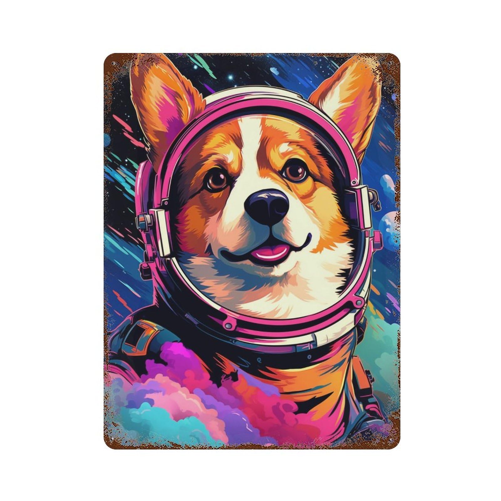 Garage Style Corgi Astronaut in Space -19 Distressed Metal Wall Sign 15.7"x11.8", Rustic Home Decor for Bar And Workshop