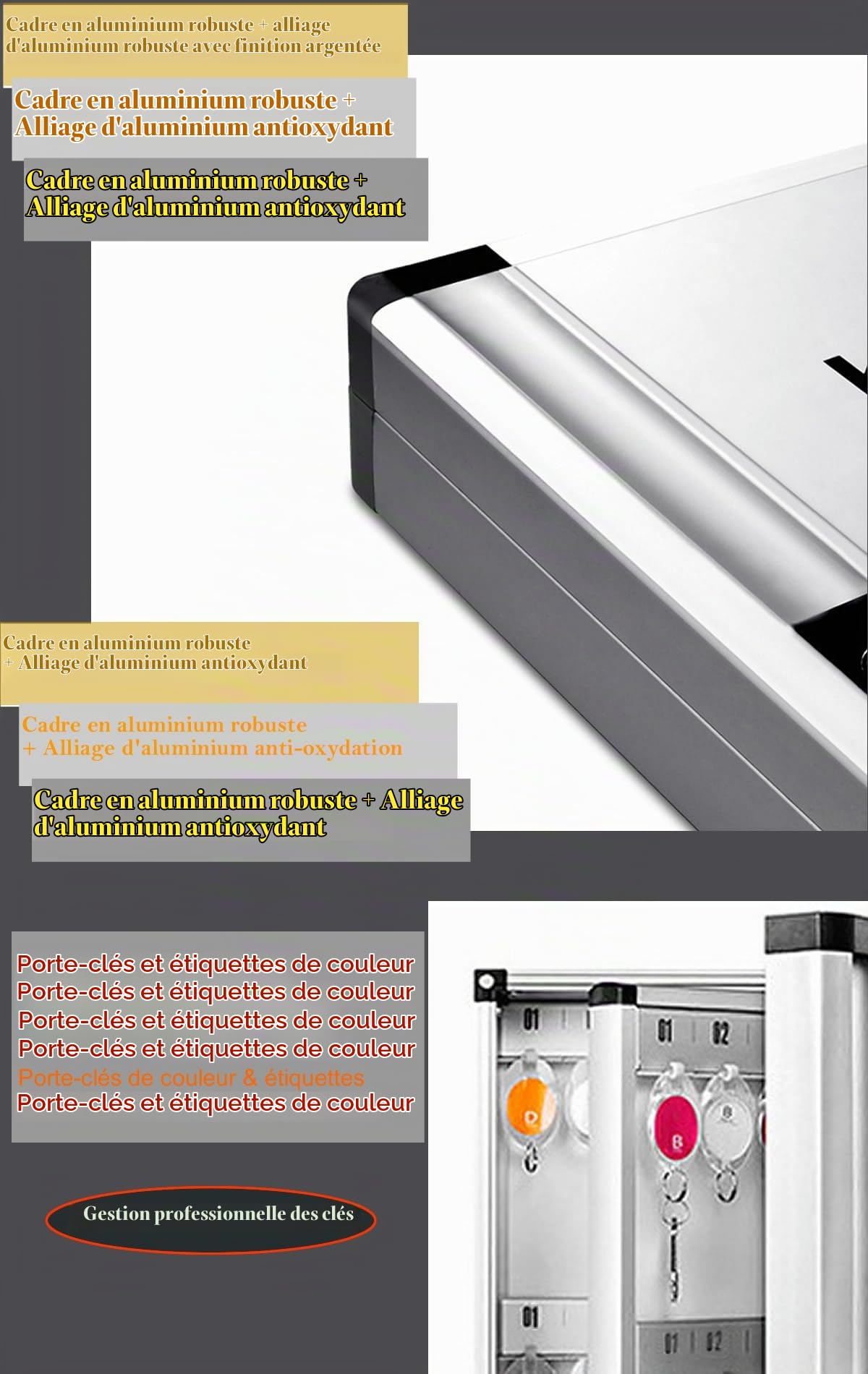 TUKA-i-AKUT Armoires à 212 Clés en Aluminium, Placards à Clés pour Montage Mural, avec Porte-Clés + Kit de Montage, Boîte à Clés de Stockage de Clés de Alliage d'Aluminium Armoires à Clés TKD8650-212