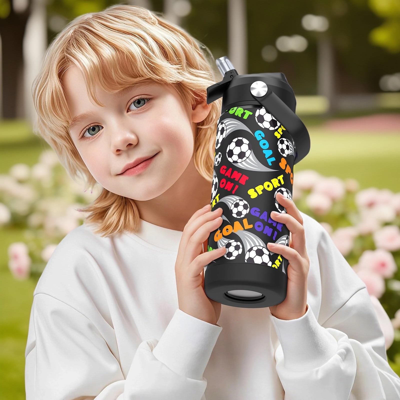 Botella De Agua Aislada Para Niños Con Pajita,550 Ml,taza Infantil De Acero Inoxidable,a Prueba De Fugas-sin Bpa,para La Escuela（Fútbol）