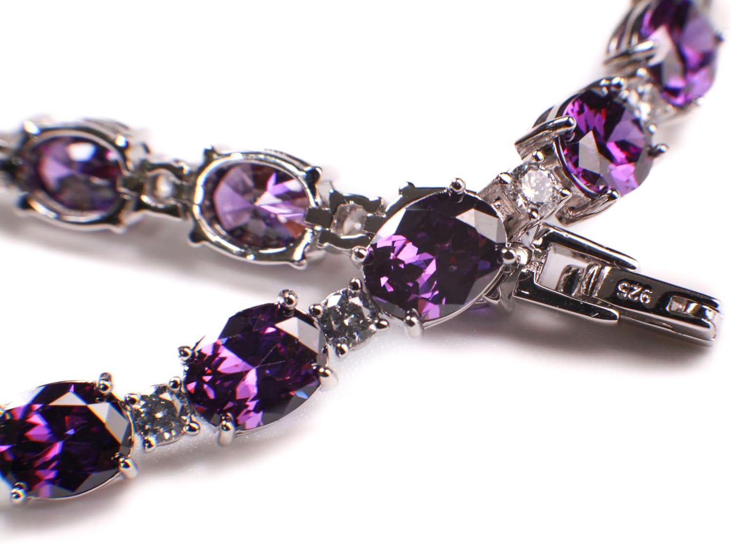 Purple Amethyst Oval shape 6x8mm Prong CZ Diamond 925 Sterling Silver Tennis Bracelet 7" February birthstone, holiday best gift 925 stamped