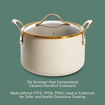 Bloomhouse - Two Time Oprah's Favorite Things Winner - 8 Quart Heavy Duty Aluminum Premium PFA Free Ceramic Nonstick Dutch Oven Pot with Lid - Almond Cream w/Gold Handle