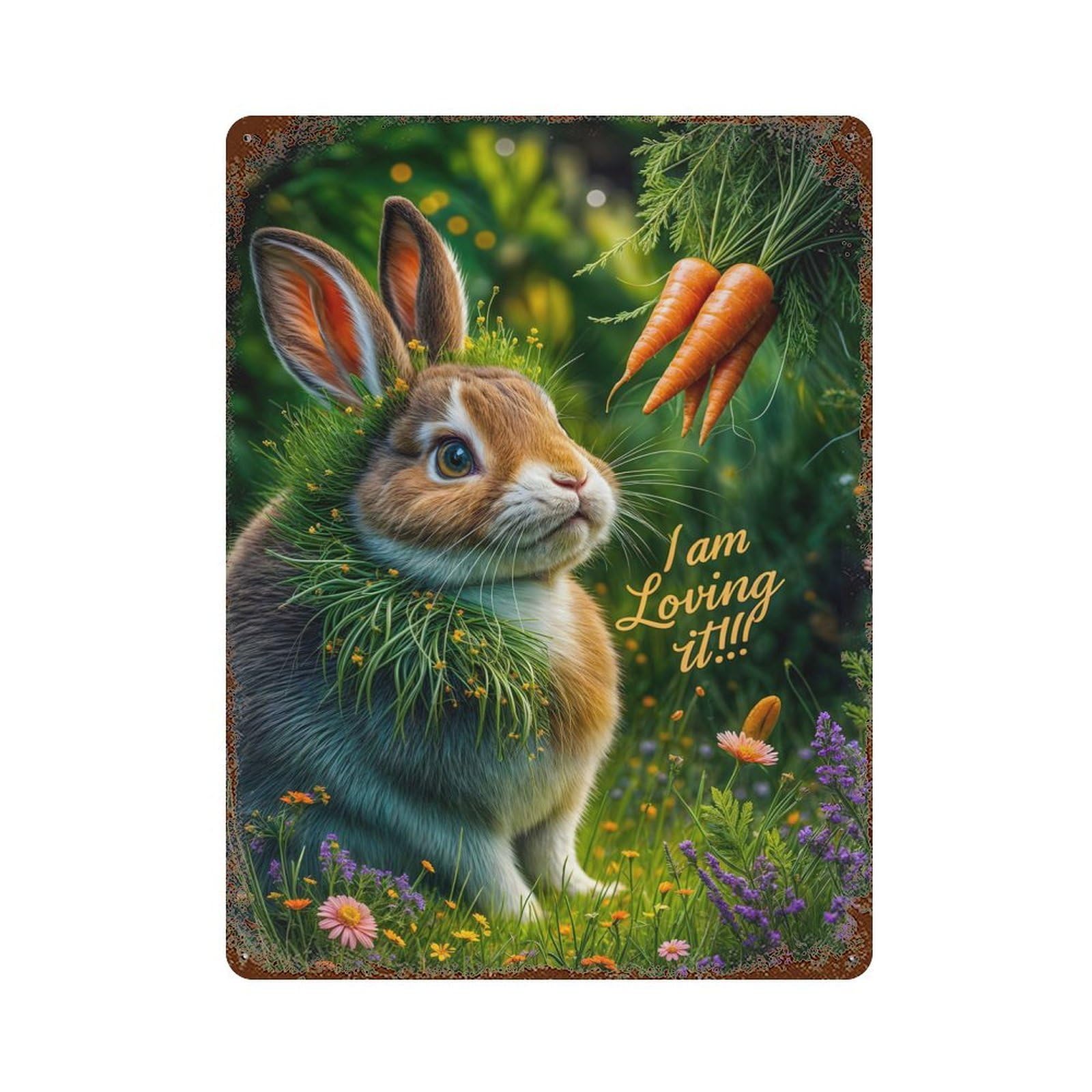Rusty Metal Tin Sign Cute Bunny with Carrots 15.7"x11.8", Classic Wall Plaque for Cafe, Home Bar And Lounge Decor