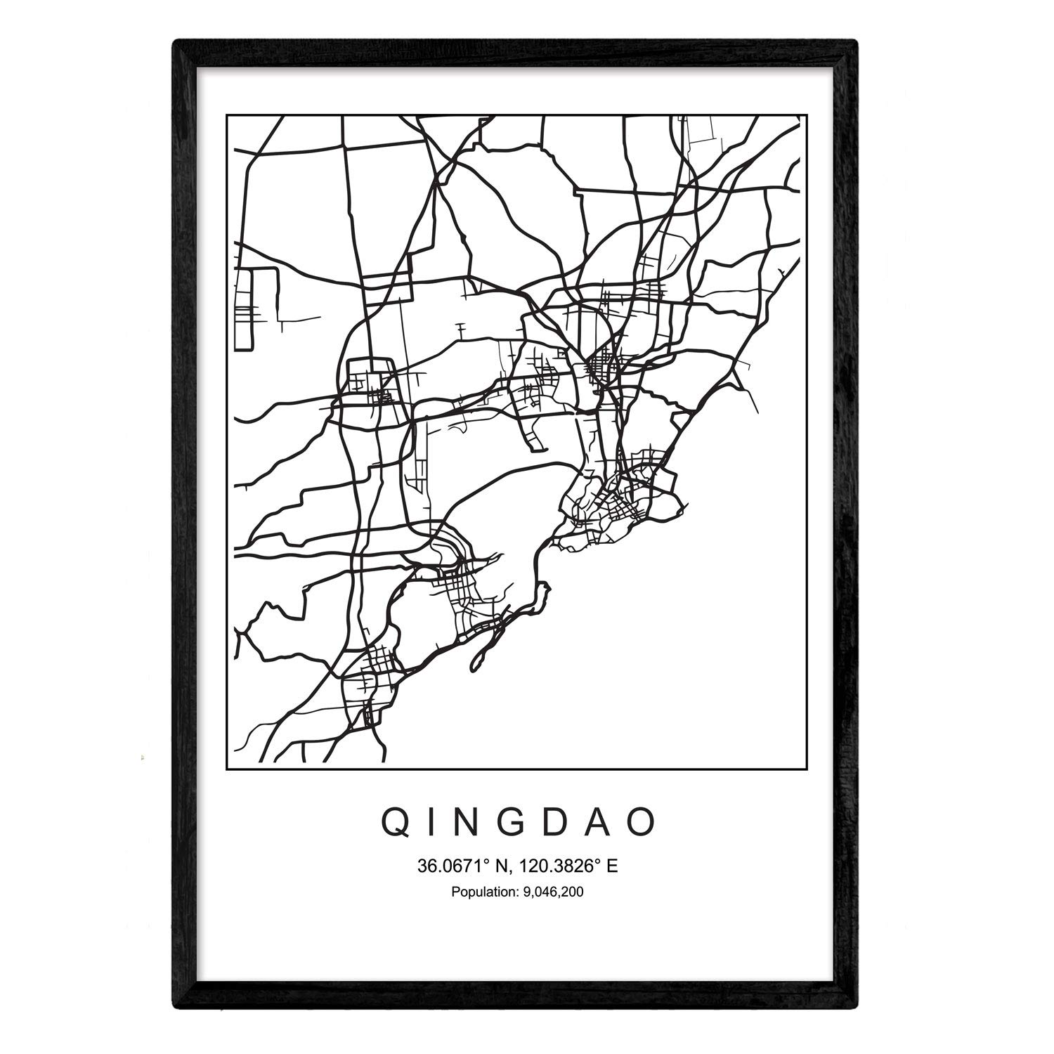Print Qingdao city map Nordic style black and white. Poster A4 Printed paper No 250 gr. Paintings, prints and posters for living room and bedroom — image 1