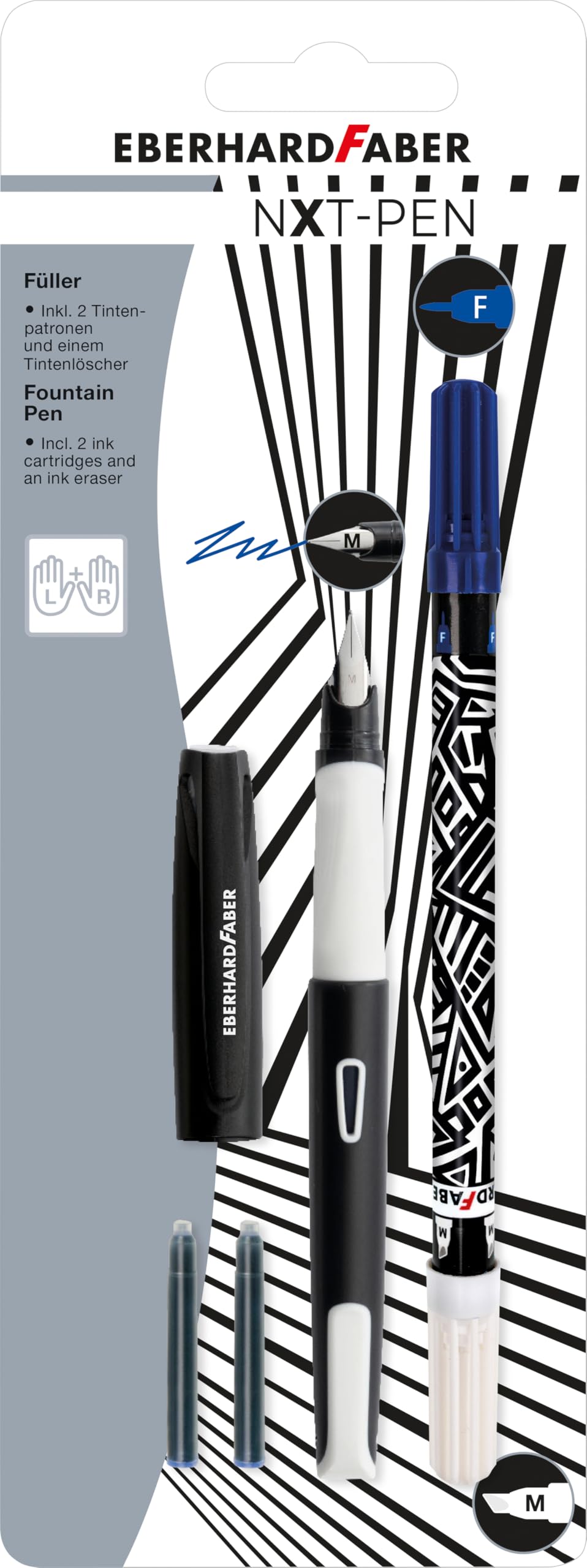 EBERHARD FABER 551001 Set da scrittura NXT-PEN bianco/nero con penna stilografica, cancellino e cartucce d'inchiostro