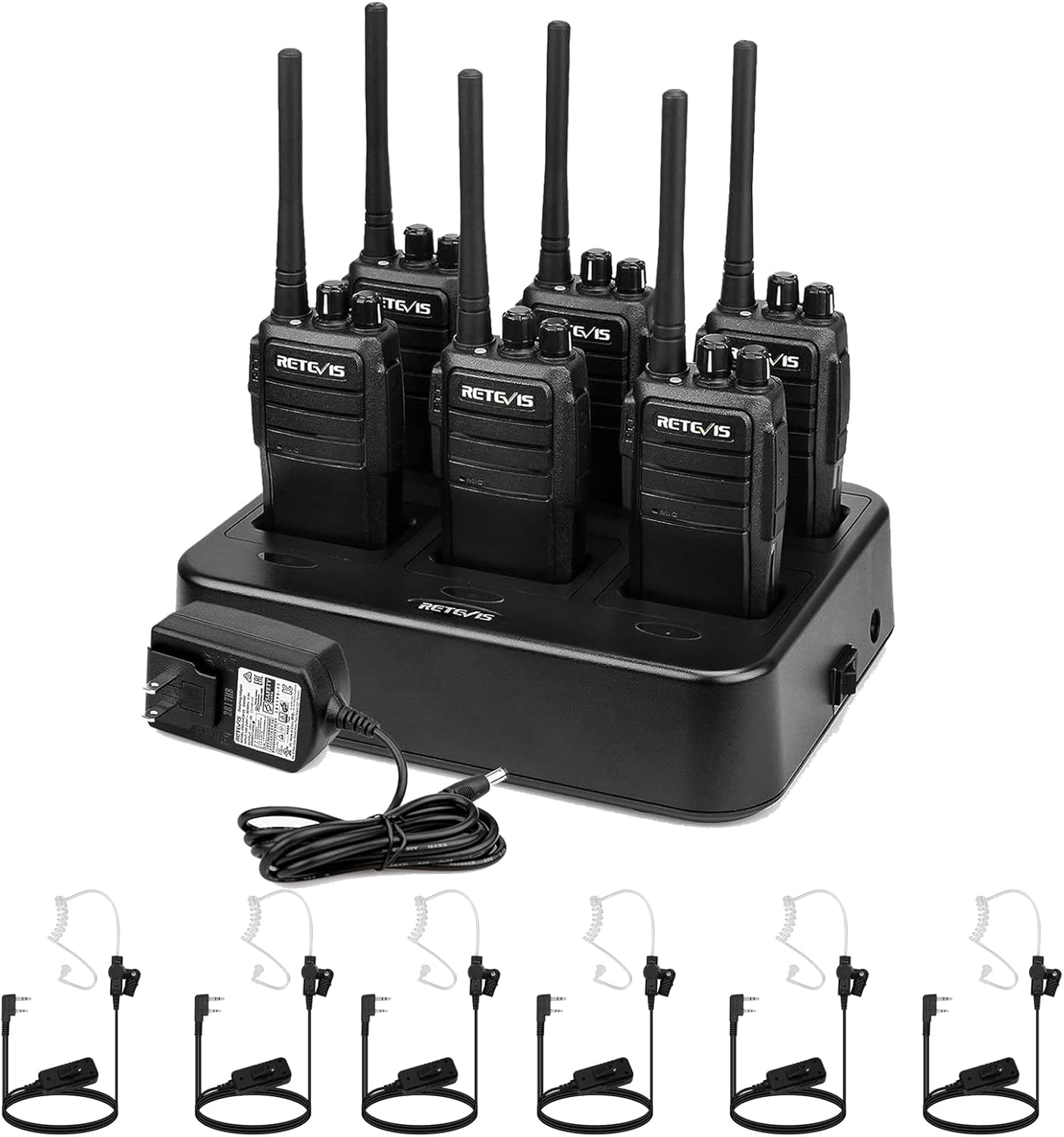 Retevis RT21 2 Way Radio Long Range(6 Pack) Bundle with AI Noise Cancelling Walkie Talkie Headset(6 Pack), Walkie Talkies for Adults, Heavy Duty Rechargeable Two Way Radios with Six-Way Charger