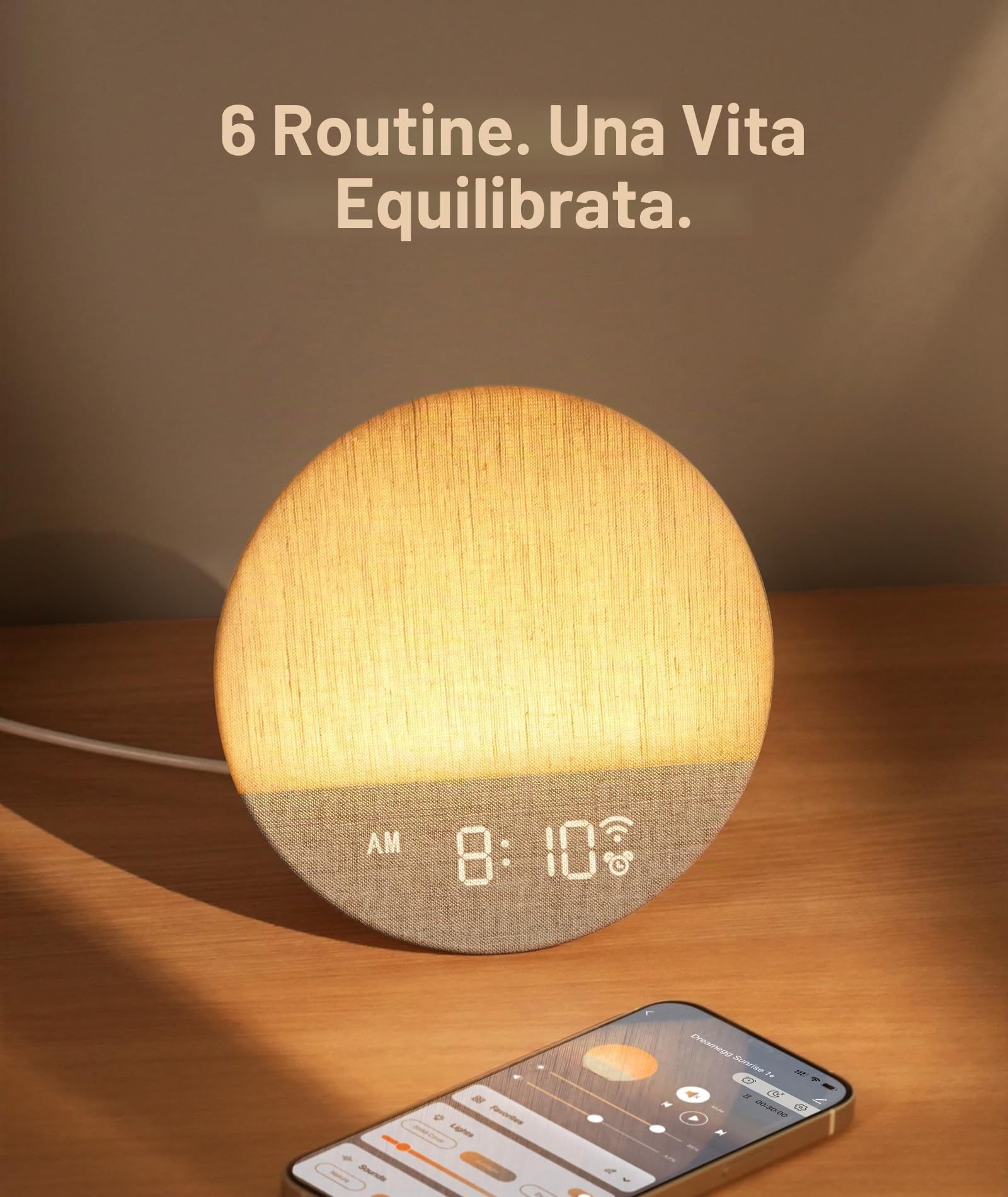 Dreamegg Sunrise 1+ App, Sveglia da Comodino, Simulazione dell'alba | Macchina Rumore Bianco, 34 Suoni per Dormire, 12 Modalità Luce, Timer di Spegnimento Regolabile, Sunrise Alarm Clock