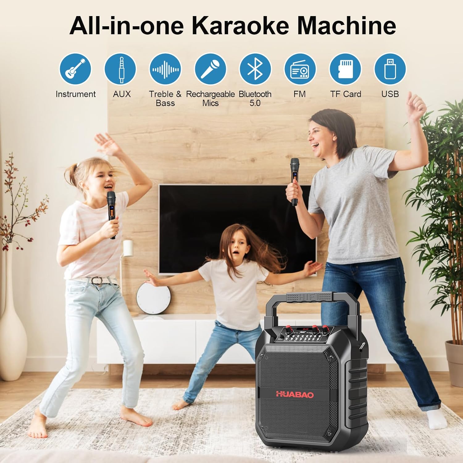 Portable Karaoke Machine with 2 Wireless Microphones, Bluetooth Speaker for Adults & Kids, Karaoke Speaker, PA System with Remote Control, TF Card/USB/FM/AUX Mode for Party, Home & Outdoor