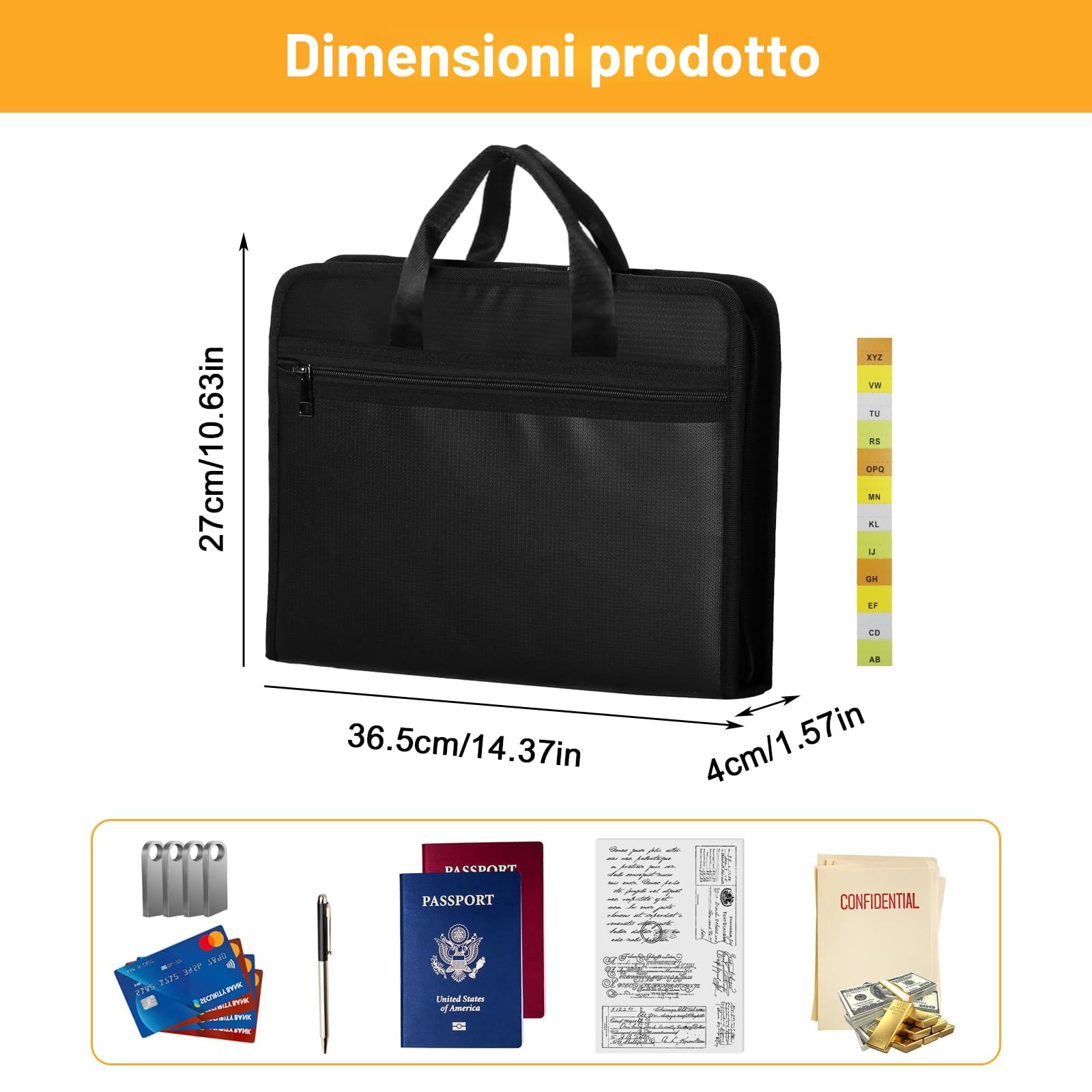 Cartella Portadocumenti Ignifuga A4 con Manico, 13 Scomparti e Chiusura Lampo, Cartella Portadocumenti A4 Ignifuga e Impermeabile per Documenti Importanti, Passaporti, Ricevute, Nero 36,5×27×4 cm