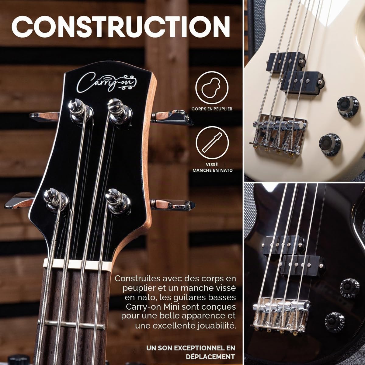 Carry-on By Blackstar Mini-Guitare Basse Electrique, Parfait pour les Enfants et les Adultes, les Débutants et les Voyages Classique Blanc