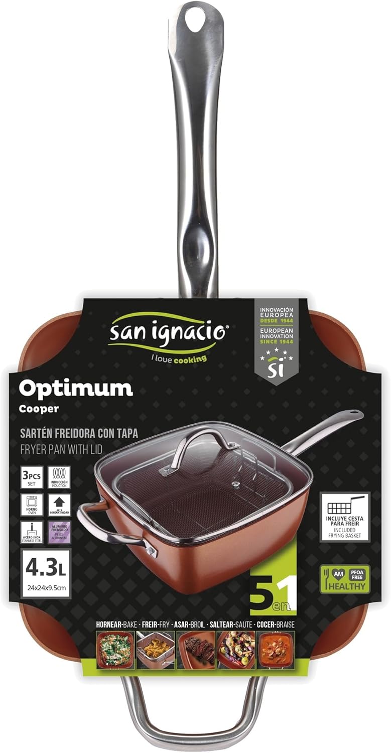 San Ignacio Square Frying Pan 24 x 24 x 9.5 cm with Pressed Aluminium Induction Optimum Copper