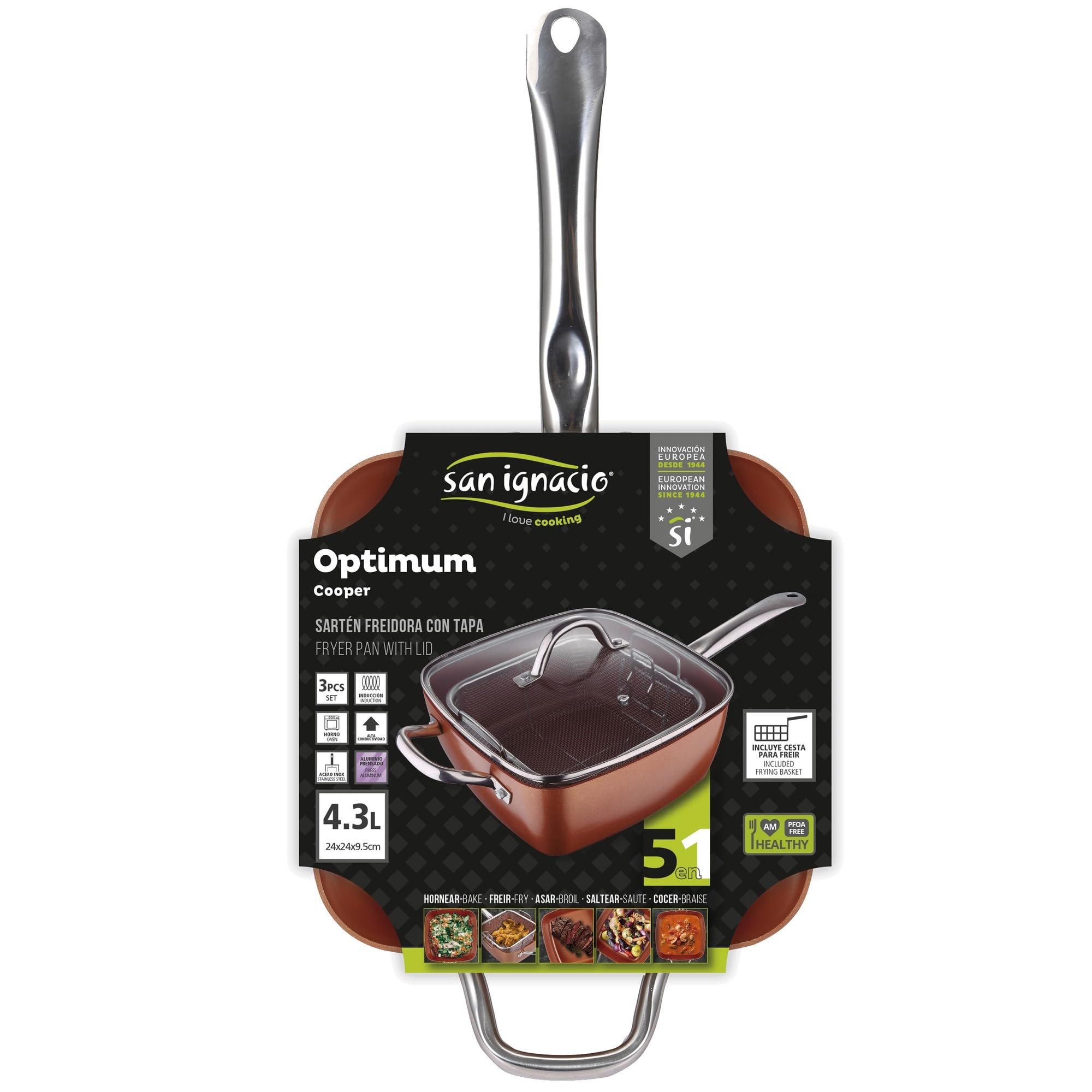 San Ignacio Optimum Copper | Sartén Antiadherente Cuadrada de 24 cm con Cesta de Freír | 5 funciones en 1 | Fabricada con Aluminio Prensado | Revestimiento Multiclad | Todo Tipo de Cocinas