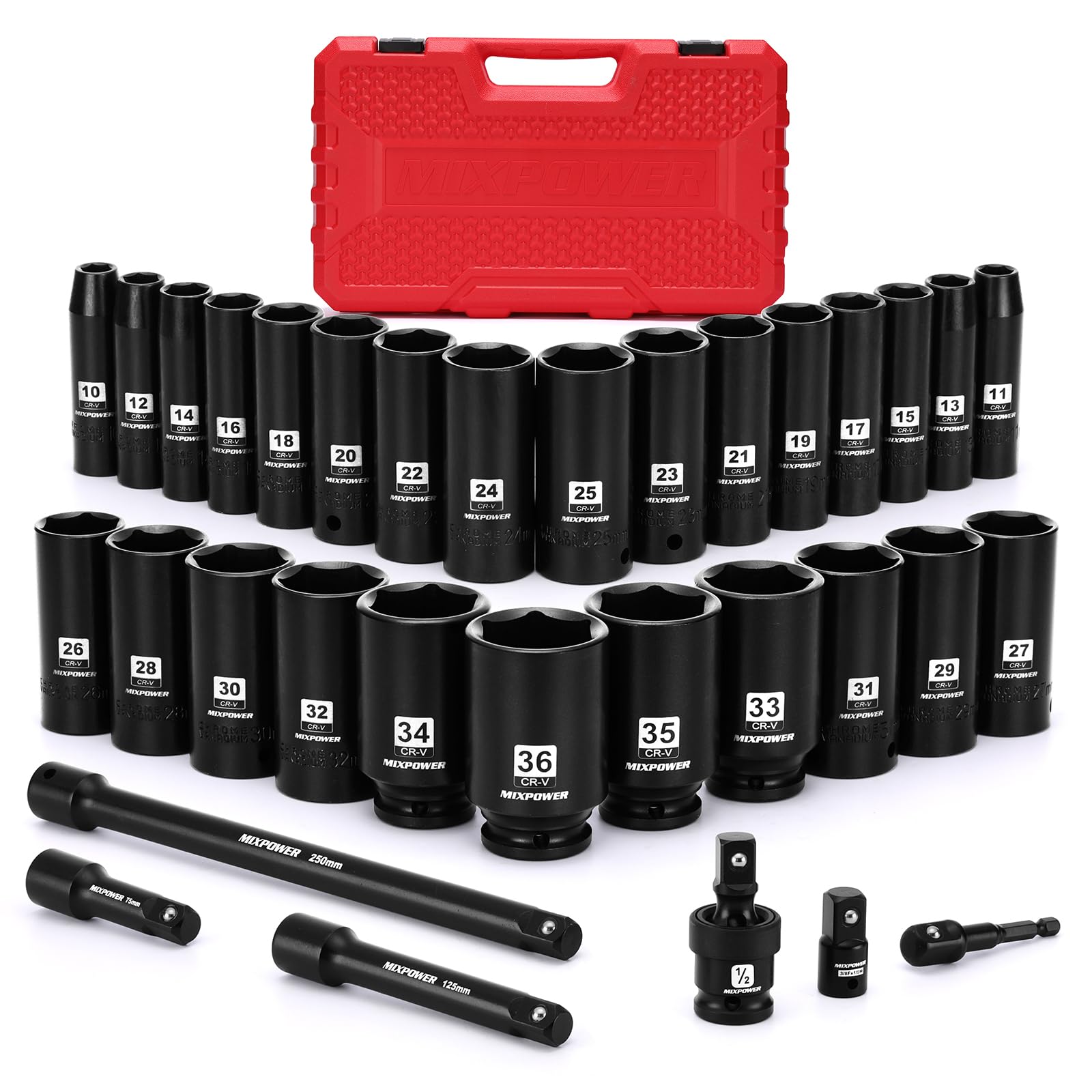 MIXPOWER Set di 33 chiavi a bussola a percussione, da 1/2", profondità da 10 a 36 mm, a 6 punti, con custodia portatile, metrica, acciaio CR-V e CR-MO