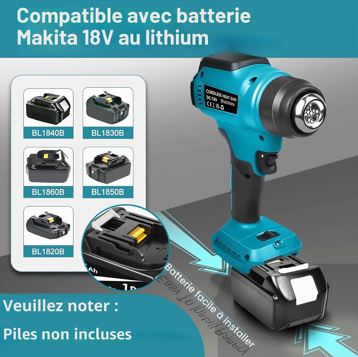 Pistolet à air chaud avec batterie pour Makita 18 V, pistolet à chaleur manuel avec lumières LCD numériques, 50 °C - 550 °C et contrôle de l'air pour bricolage, travaux manuels, extraction (sans