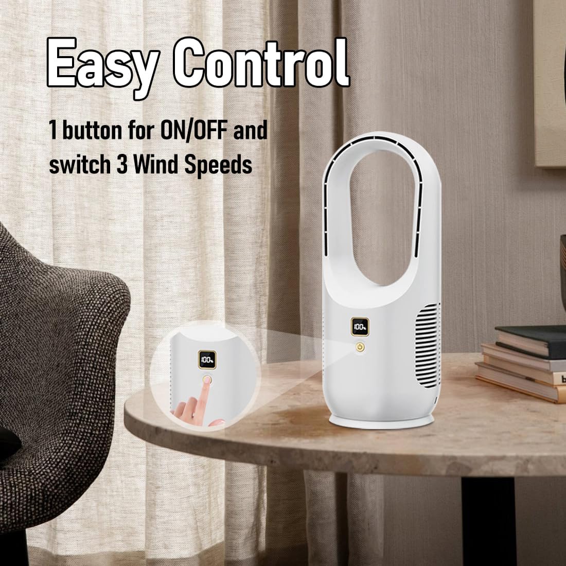 Bladeless Desk Fan, Rechargeable Battery Operated 11.8in Portable Quiet Office Fan, 3 Speeds, Easy to Clean, Small Tabletop Personal Fan for Office, Living Room, Bedroom (White)