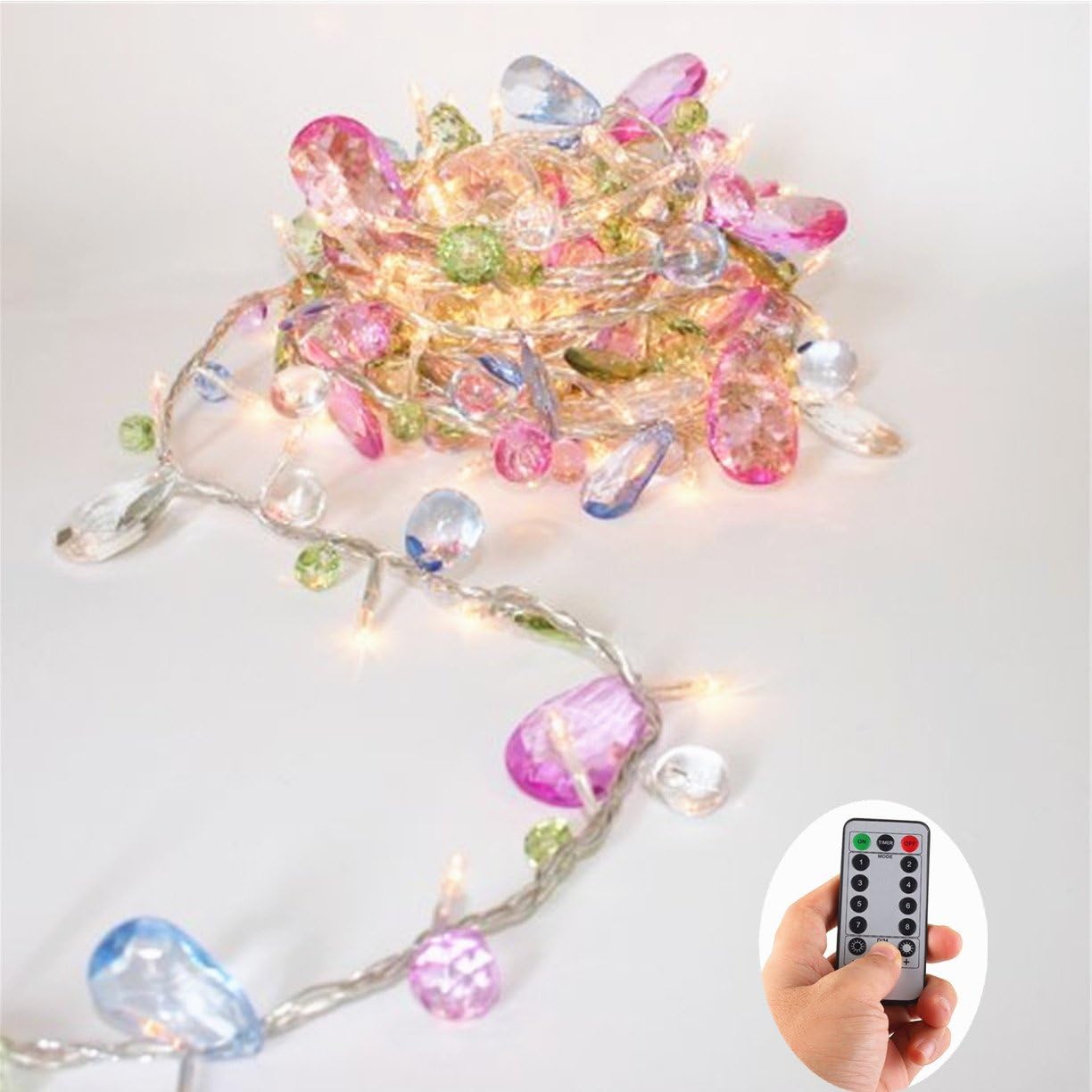 EchoSari indoor house bedroom LED fairy lights, Bohemia style string with jewels-colourful jewels, LED fairy Christmas lights-battery-8 fashion remote timer, 30 warm white, LED gift lights for girls