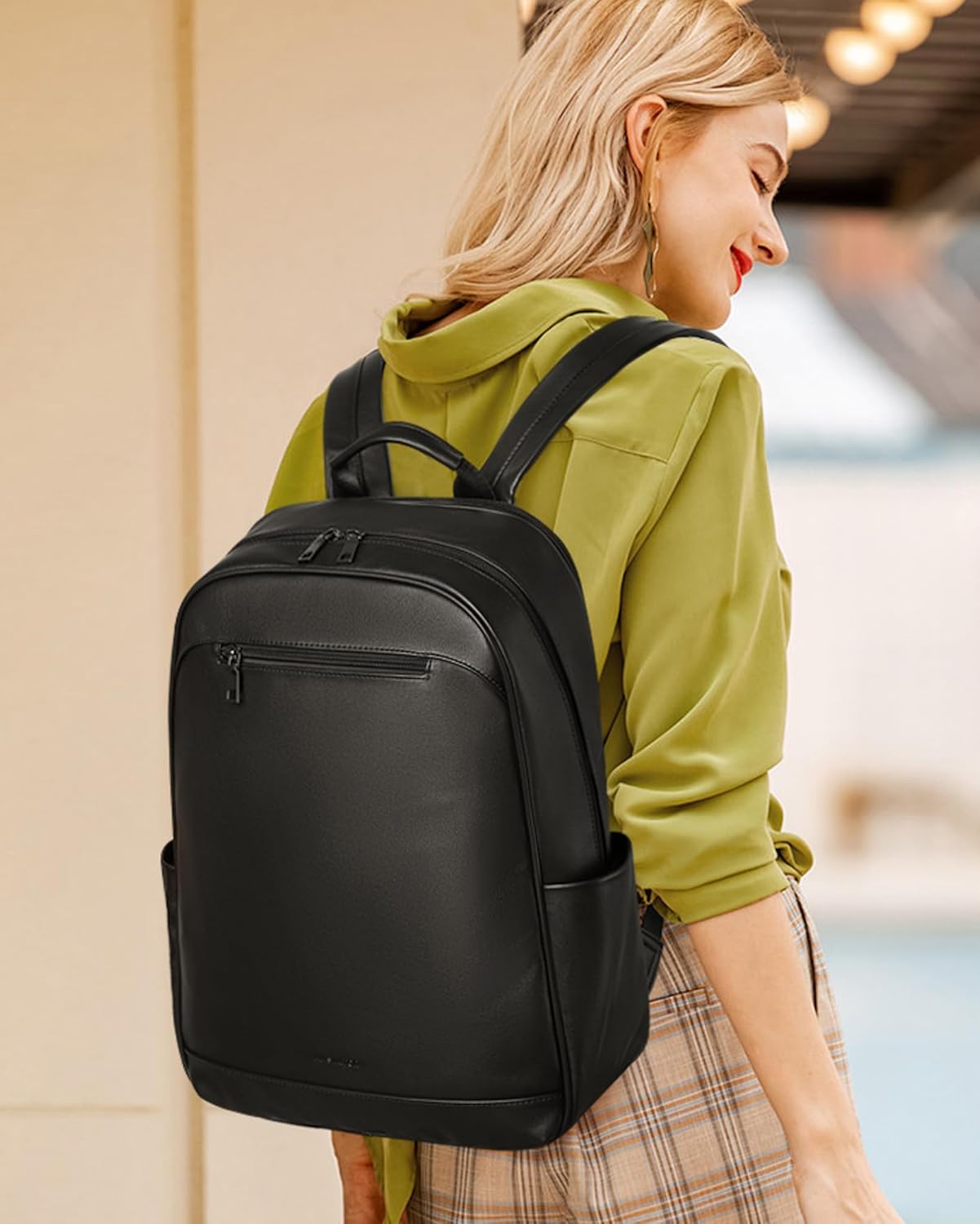 MASINTOR 15.6 inch Leather Laptop Backpack Purse for Women, Designer Travel and Work Bag with Laptop Compartment Black - Image 2