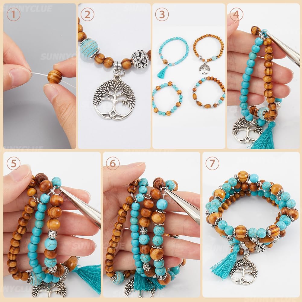 SUNNYCLUE 1 Box 4 Sets Bracelet Making Kit Tree of Life Charms Tree Charm Bohemian Multi Strand Bracelets Wood Spacer Bead Lucky Turquoise Beads for Jewelry Making Kits Adults DIY Craft Supplies