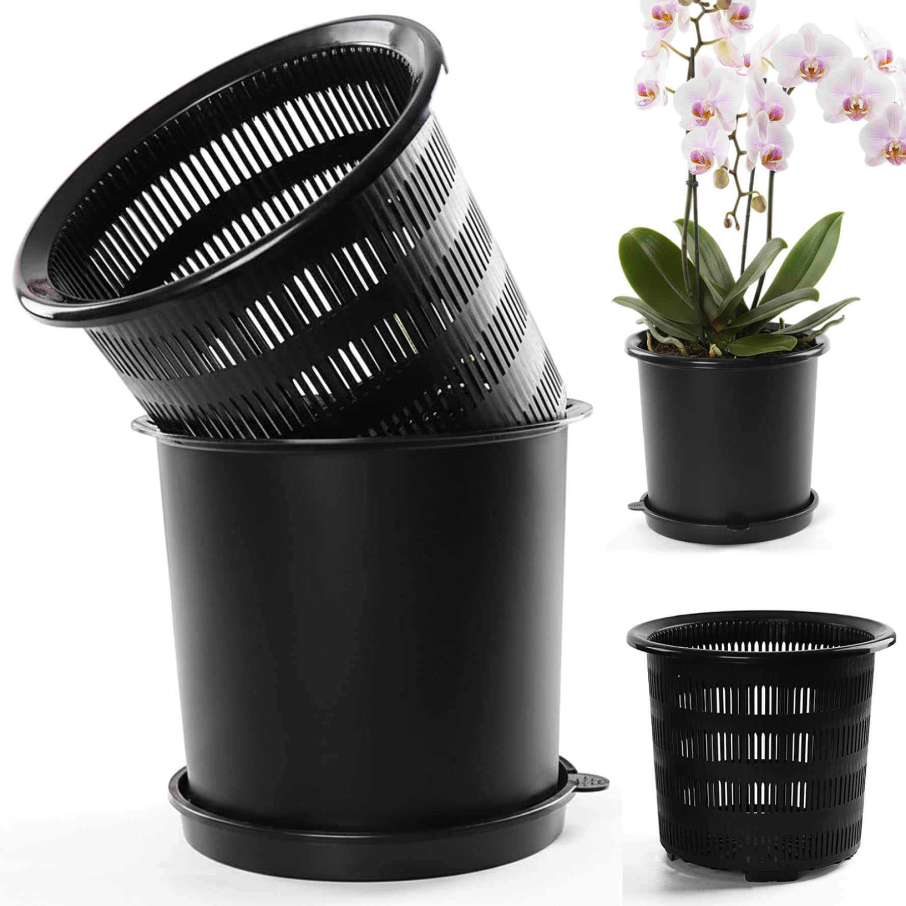 Faroby Orchid Pots with Holes and Saucers 6" Double Layer Orchid Planter Resin Plant Pots for Repotting