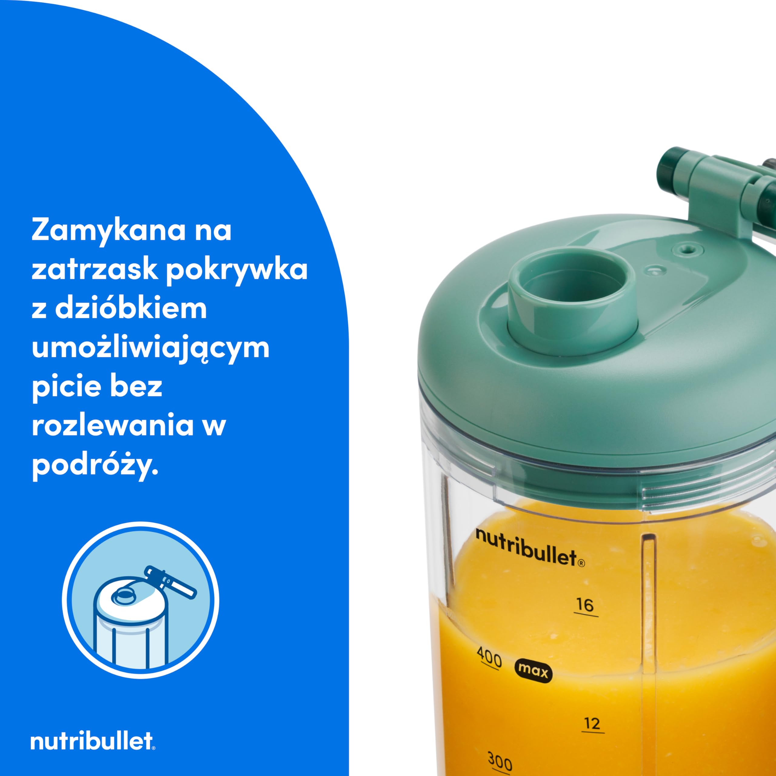 nutribullet Flex 590ml - Przenośny blender do smoothie z pokrywką z wylewką, mikser do siekania, mielenia lodu i mrożonych owoców, USB-C, kubek bez BPA, łatwy do czyszczenia, leśna zieleń (NBP013GR)