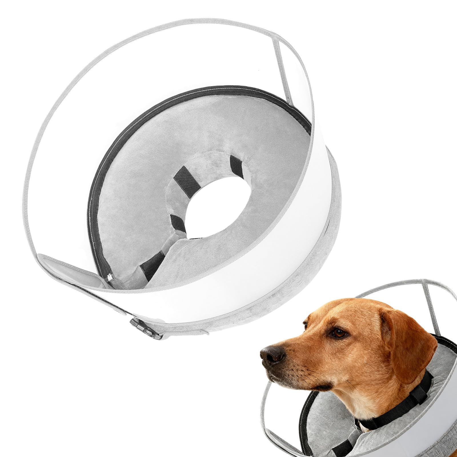 InfiniZer Inflatable Dog Collars for After Surgery 2-in-1 Dog Cone Collar with Detachable Shield Anti-Lick Bite Protection Donut Cone for Small Medium Large Dogs (Grey, XL)
