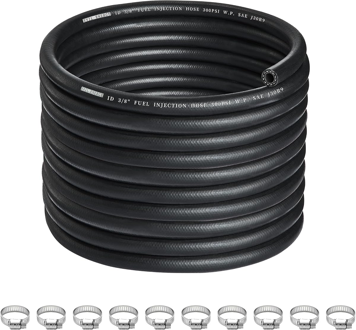 EVIL ENERGY 3/8" Fuel Line Hose 25FT Fuel Injection Hose Transmission Rubber With 10PCS Clamps SAE 30R9 300PSI