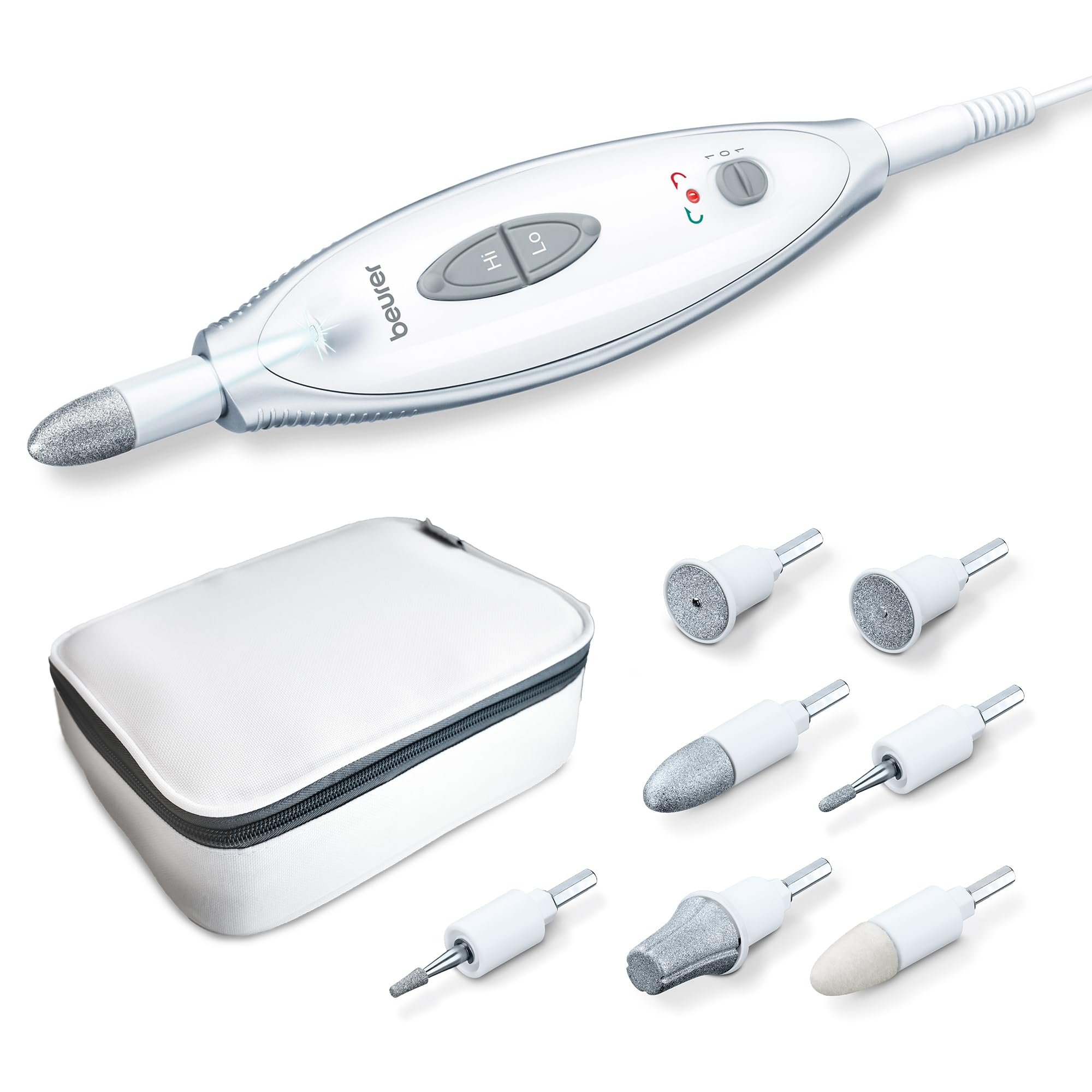 Beurer MP 41 Maniküre-/ Pediküreset, elektrische Nagelfeile mit 7 Aufsätzen, helles LED Licht, Nagelfräser für gepflegte Nägel, mit Aufbewahrungstasche, Nagelpflege für Hände und Füße, Weiß