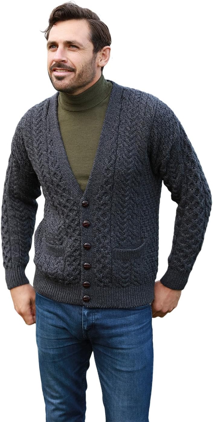 Aran Woollen Mills Men's Irish Cable Knit Cardigan Sweater, 100% Soft Merino Wool, V-Neck Buttoned with Pockets, Clare Island