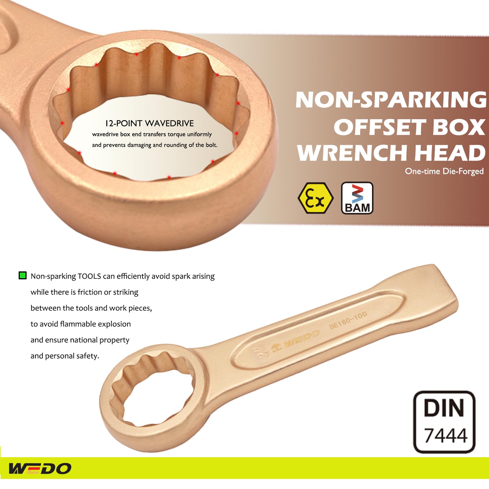 WEDO Non-Sparking Striking Box Wrench,34mm Box End Striking Ring Wrench,Length 200mm,Spark-Free Safety Spanner,Beryllium Copper,Non-Magnetic,Corrosion-Resistance,DIN 7444 - Image 3