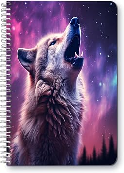 Spiral Notebook Lined College Lined Journal Composition School,College & Office Supplies,100 Pages,5.71x 8.26 in - Beautiful Wolf Howling At The Starry Sky