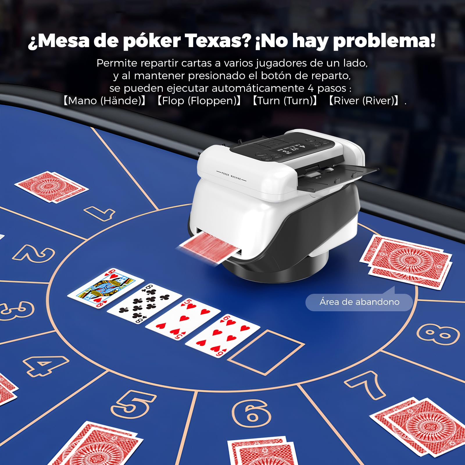Distribuidor automático de tarjetas y mezclador de tarjetas con función giratoria de 360°, asignación de tarjetas personalizable para tantos jugadores como desee, ángulo de salida versátil