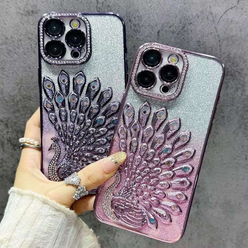 Image of mobistyle Case for iPhone 15 Pro,3D Diamond Luxury Electroplate Glitter Peacock Tail Bling Design Camera Protection Shockproof Phone Case for (Purple, iPhone 15 Pro)