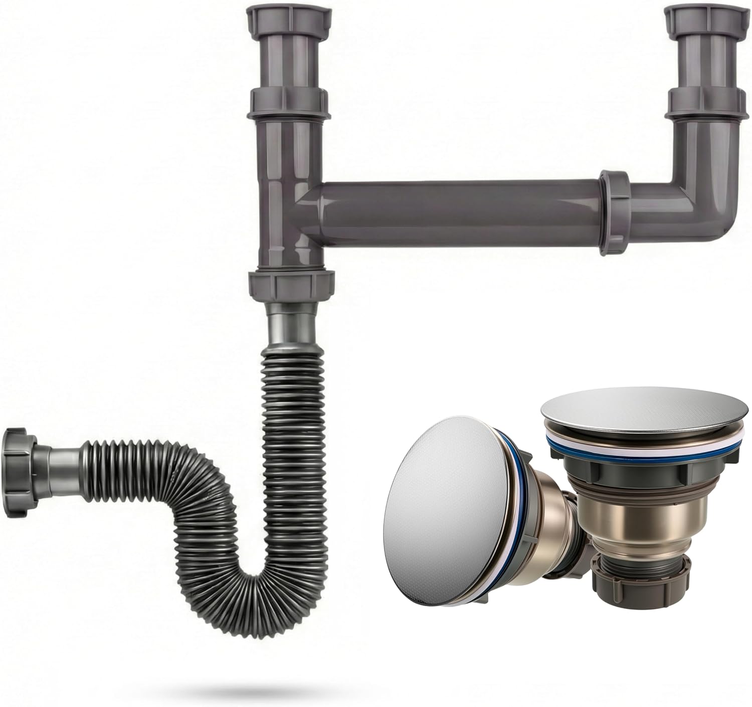 Complete Double Bowl Kitchen Sink Drain Rebuild Kit: Includes Universal 1-1/2" Adjustable Pipe Kit and 2-Pack 3-1/2" 304 Stainless Steel Sink Strainer Assemblies