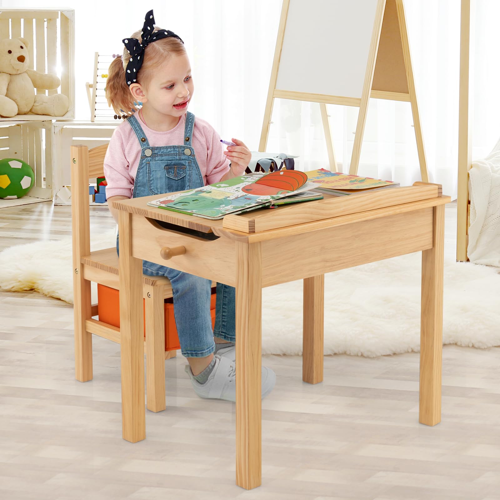 DREAMADE Bureau et Chaise Enfants 59x40x55CM en Bois,Table d'Étude Enfant 3+Ans,Plateau Rabattable,Crochet,Table et Chaise avec Tiroir en Tissu pour Fille Garçon,Charge 70KG (Naturel)