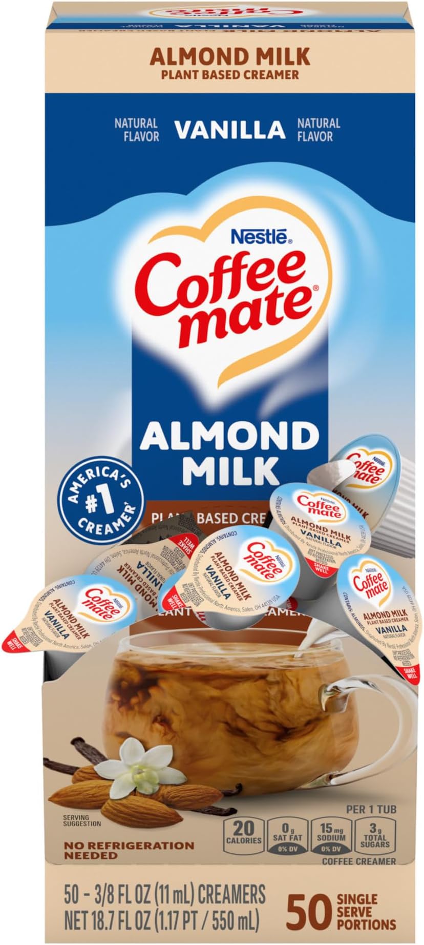 Almond Milk Vanilla Liquid Creamer Singles - Vanilla Almond Milk Flavor - 0.38 fl oz (11 mL) - 50/BoxTub